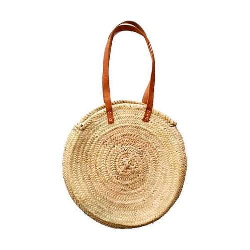 Natural Palm Handwoven Moroccan Round Bag w/ Leather - Basics and Organics