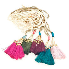 Vera Chaang Assana Long Handmade Necklace, Gold +Pearl Beads with colorful Tassels - Basics and Organics