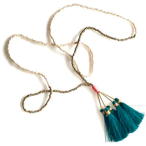 Vera Chaang Assana Long Handmade Necklace, Gold +Pearl Beads with colorful Tassels - Basics and Organics